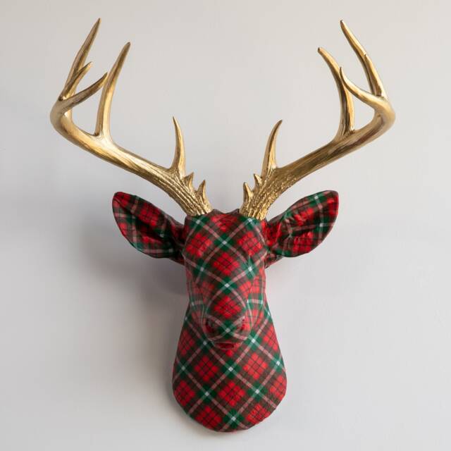 Faux Taxidermy Deer Head Fabric Wall Mount - Decor Christmas Plaid Fad4308/Fad4300 - image 1