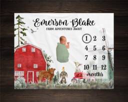 Farm Milestone Blanket, Monthly Growth Tracker, Personalized Baby Custom Shower Gift, New Bm30