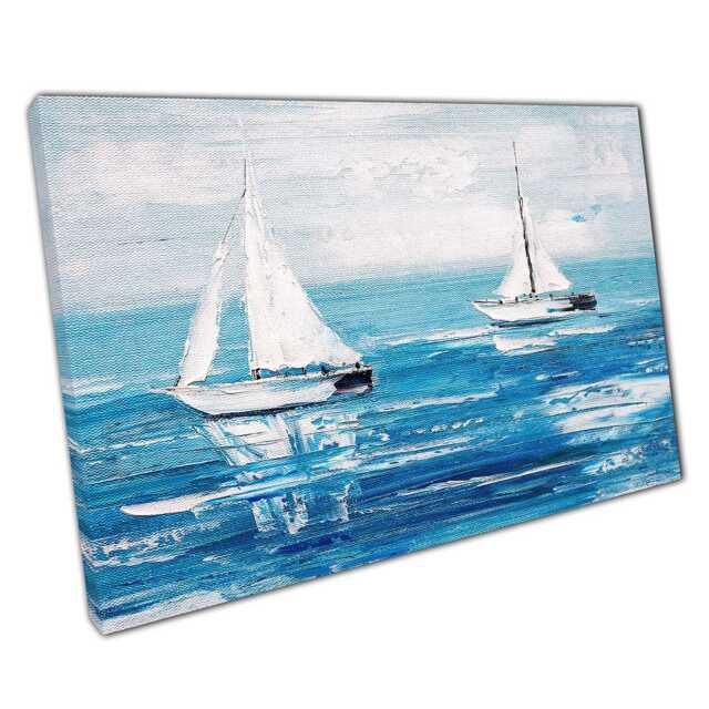 Serene Sea Boats Wall Art - Calm Blue Ocean Textured Oil Painting On Canvas For Home Office Decor - image 1