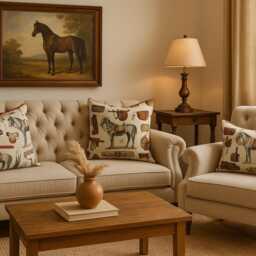 Horses Printed Cushion Cover Handmade Equestrian Vintage Style 16-24 - thumbnail 2