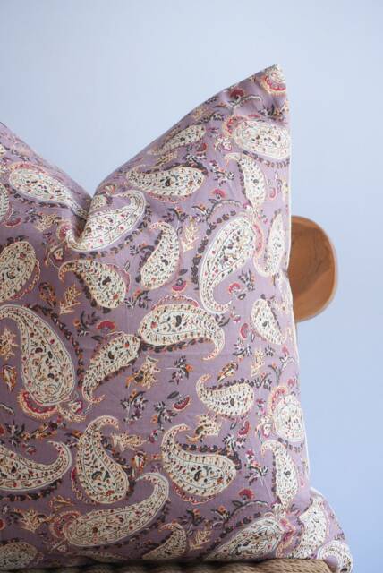 "Block Print Pillow Cover Purple Floral, Indian Batik Textile - 20"" X 20" - image 1