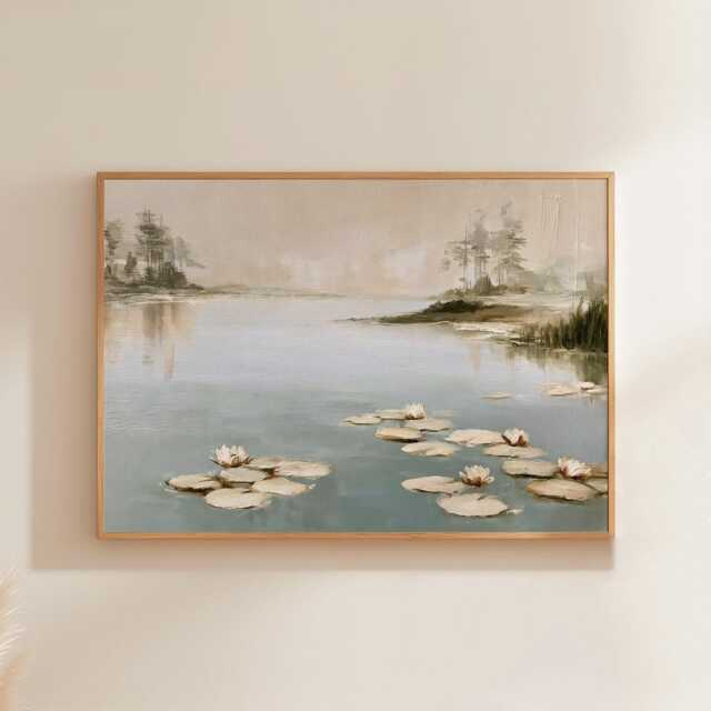 Misty Pond Landscape Poster, Water Lily Paper Wall Art - image 1