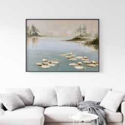 Misty Pond Landscape Poster, Water Lily Paper Wall Art - thumbnail 2