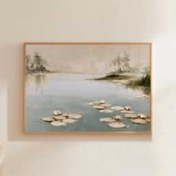 Misty Pond Landscape Poster, Water Lily Paper Wall Art - thumbnail 1