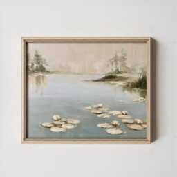 Misty Pond Landscape Poster, Water Lily Paper Wall Art - thumbnail 3