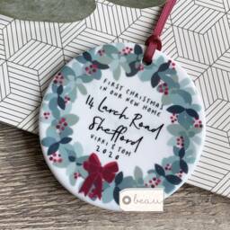 Personalised First Christmas At Address New Home Eucalyptus Botanical Greenery Design Ceramic Or Acrylic Round Ornament Keepsake - thumbnail 2