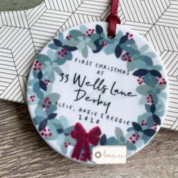 Personalised First Christmas At Address New Home Eucalyptus Botanical Greenery Design Ceramic Or Acrylic Round Ornament Keepsake