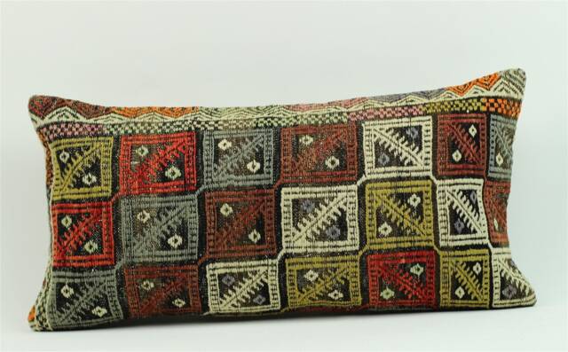 Vintage Turkish Kilim Lumbar Pillow Cover Tribal Art Accent - 12x24 - image 1