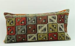 Vintage Turkish Kilim Lumbar Pillow Cover Tribal Art Accent - 12x24 - thumbnail 1
