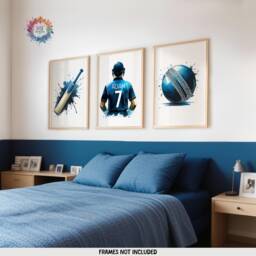 Personalised Cricket Poster Set - 3 Prints - Boys Bedroom Decor Kids Room Wall Art Blue Cricketer Artwork Custom Teen Gifts Unframed - thumbnail 1
