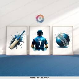 Personalised Cricket Poster Set - 3 Prints - Boys Bedroom Decor Kids Room Wall Art Blue Cricketer Artwork Custom Teen Gifts Unframed - thumbnail 2