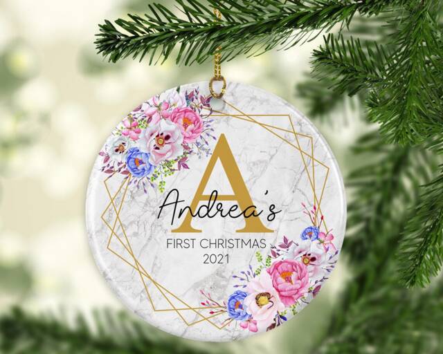 Personalised Baby's First Christmas Ornament Floral Initial Ceramic Or Mdf Acrylic Keepsake Bauble Disc Custom Tree Decorations - image 1
