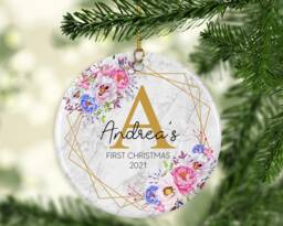 Personalised Baby's First Christmas Ornament Floral Initial Ceramic Or Mdf Acrylic Keepsake Bauble Disc Custom Tree Decorations