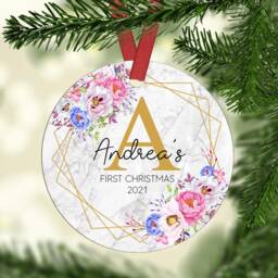 Personalised Baby's First Christmas Ornament Floral Initial Ceramic Or Mdf Acrylic Keepsake Bauble Disc Custom Tree Decorations - thumbnail 2