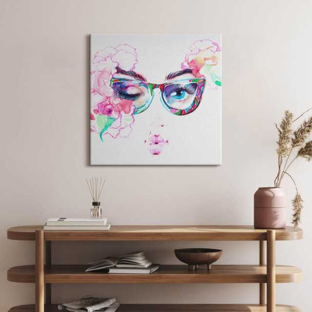 Face Of A Woman With Glasses Canvas, Picture Wall Hanging, Pink Decor, Abstraction Canvas Print - image 1