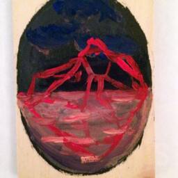 Mini Painting - Red Linework Iceberg Original Handmade Miniature Wood Surreal Gouache - thumbnail 3
