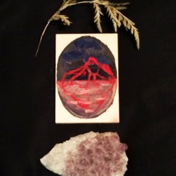 Mini Painting - Red Linework Iceberg Original Handmade Miniature Wood Surreal Gouache - thumbnail 2