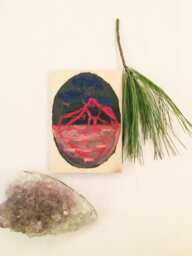 Mini Painting - Red Linework Iceberg Original Handmade Miniature Wood Surreal Gouache - thumbnail 1