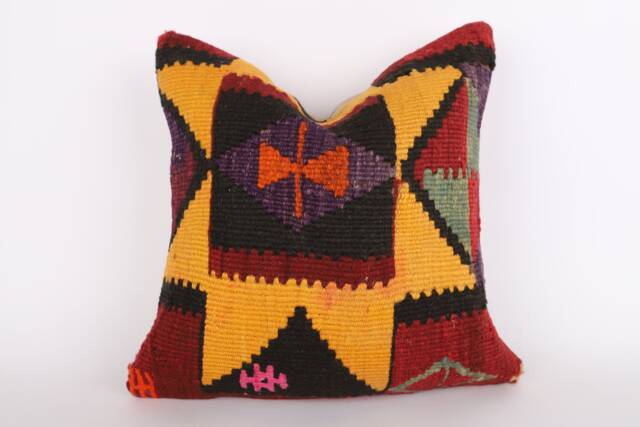 Bohemian Kilim Pillow Cover Vintage Turkish Rug, 16''x16'' - image 1