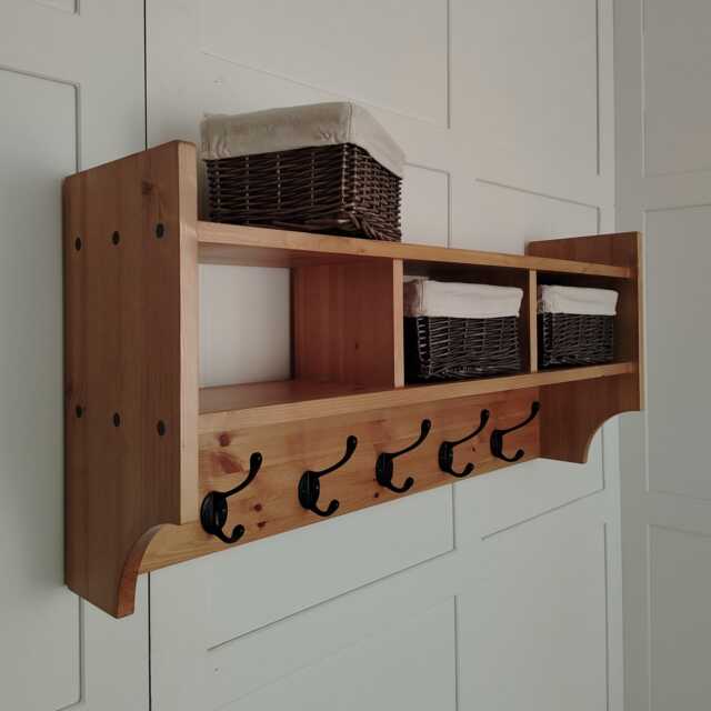Rustic Coat Rack With Shelf & Baskets - Solid Pine Hallway Wall Storage Entryway Hooks Farmhouse Mudroom Organiser Handmade UK - image 1