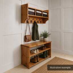Rustic Coat Rack With Shelf & Baskets - Solid Pine Hallway Wall Storage Entryway Hooks Farmhouse Mudroom Organiser Handmade UK - thumbnail 4
