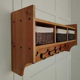 Rustic Coat Rack With Shelf & Baskets - Solid Pine Hallway Wall Storage Entryway Hooks Farmhouse Mudroom Organiser Handmade UK - thumbnail 2