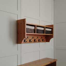 Rustic Coat Rack With Shelf & Baskets - Solid Pine Hallway Wall Storage Entryway Hooks Farmhouse Mudroom Organiser Handmade UK - thumbnail 3