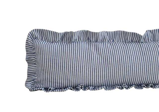 Extra Long Striped Linen Ruffled Lumbar Cushion in Indigo - image 1