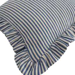 Extra Long Striped Linen Ruffled Lumbar Cushion in Indigo - thumbnail 3