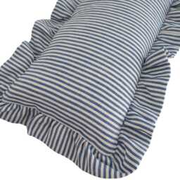 Extra Long Striped Linen Ruffled Lumbar Cushion in Indigo - thumbnail 2