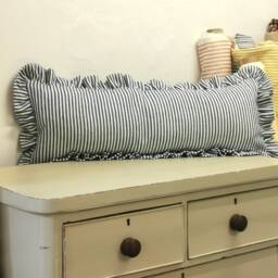 Extra Long Striped Linen Ruffled Lumbar Cushion in Indigo - thumbnail 4