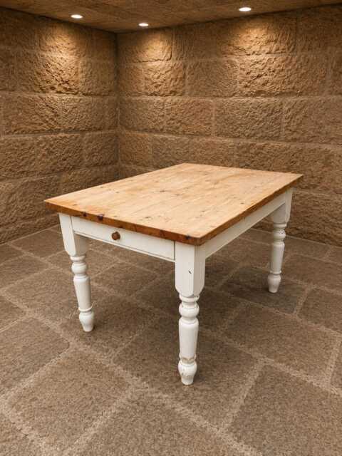 Large Pine Farmhouse Dining Table - Cream Painted Base, Turned Legs, Drawer - image 1