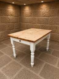 Large Pine Farmhouse Dining Table - Cream Painted Base, Turned Legs, Drawer - thumbnail 1