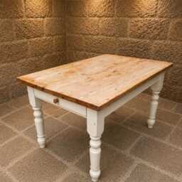 Large Pine Farmhouse Dining Table - Cream Painted Base, Turned Legs, Drawer - thumbnail 2