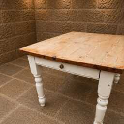 Large Pine Farmhouse Dining Table - Cream Painted Base, Turned Legs, Drawer - thumbnail 3