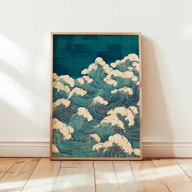 Japanese Ocean Waves Poster - Woodblock Style Seascape Blue Line Art - image 1