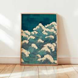 Japanese Ocean Waves Poster - Woodblock Style Seascape Blue Line Art - thumbnail 1
