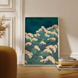 Japanese Ocean Waves Poster - Woodblock Style Seascape Blue Line Art - thumbnail 2