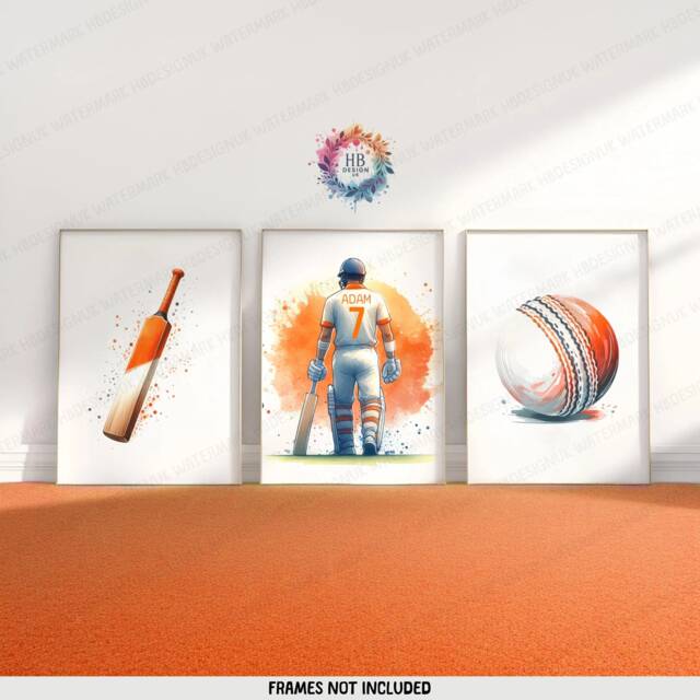 Personalised Cricket Print Set - 3 Posters - Boys Bedroom Decor Kids Room Wall Art Orange Cricketer Artwork Custom Teen Gifts - image 1