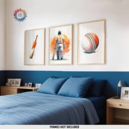 Personalised Cricket Print Set - 3 Posters - Boys Bedroom Decor Kids Room Wall Art Orange Cricketer Artwork Custom Teen Gifts - thumbnail 2
