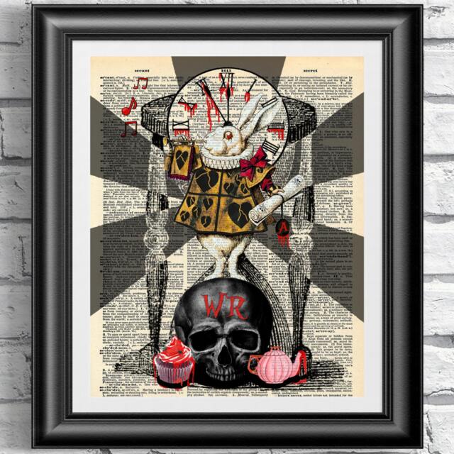 Art Print On Antique Dictionary Book Page. Gothic White Rabbit Artwork Upcycled Media. Dark Wall Art Vintage Wall Hanging - image 1