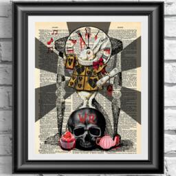 Art Print On Antique Dictionary Book Page. Gothic White Rabbit Artwork Upcycled Media. Dark Wall Art Vintage Wall Hanging - thumbnail 1