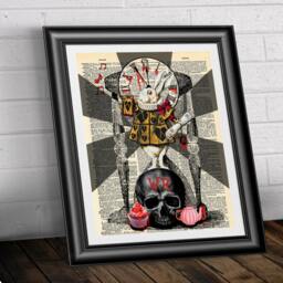 Art Print On Antique Dictionary Book Page. Gothic White Rabbit Artwork Upcycled Media. Dark Wall Art Vintage Wall Hanging - thumbnail 2