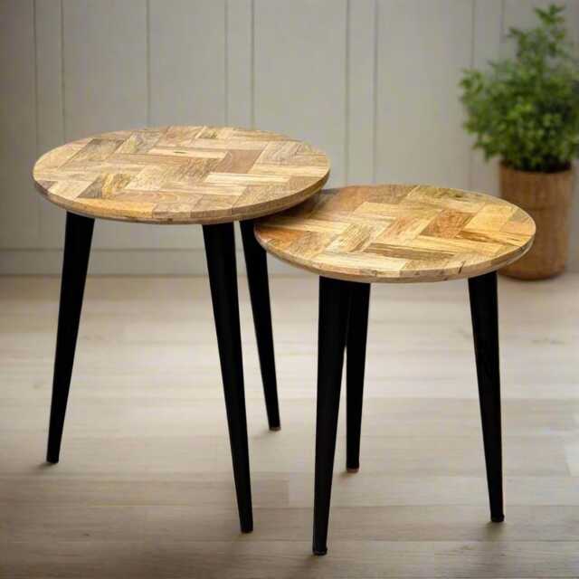 Industrial Mango Wood Nesting Side Tables Parquet Design, Metal Legs - image 1
