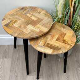 Industrial Mango Wood Nesting Side Tables Parquet Design, Metal Legs - thumbnail 2