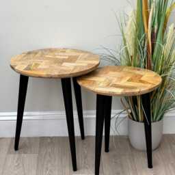 Industrial Mango Wood Nesting Side Tables Parquet Design, Metal Legs - thumbnail 3