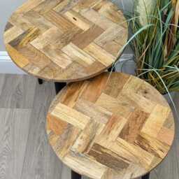 Industrial Mango Wood Nesting Side Tables Parquet Design, Metal Legs - thumbnail 4