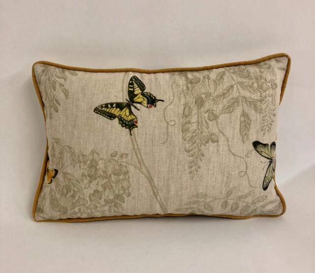 Sanderson - Wisteria & Butterfly Linen/Citrus Contrast Piped Cushion Cover Throw Pillow Designer Home Decor