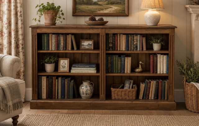 Solid Pine Bookcase, 5Ft Wide Display Shelving, Traditional Hallway Storage Unit - image 1