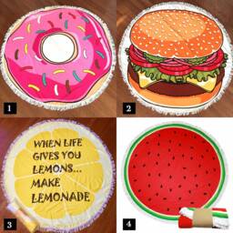 Monogrammed Thick Round Beach Towel Great For Summer Selfies Donut, Hamburger, Lemon & Watermelon Print